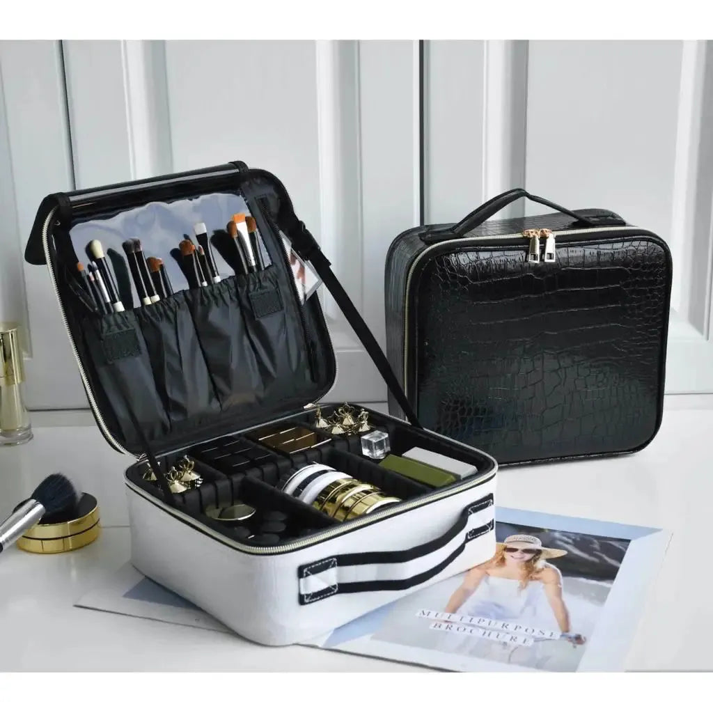Makeup bag interior showing multiple storage compartments