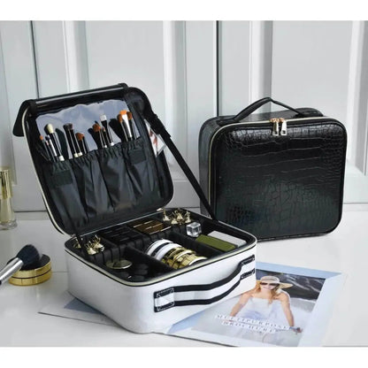 Makeup bag interior showing multiple storage compartments
