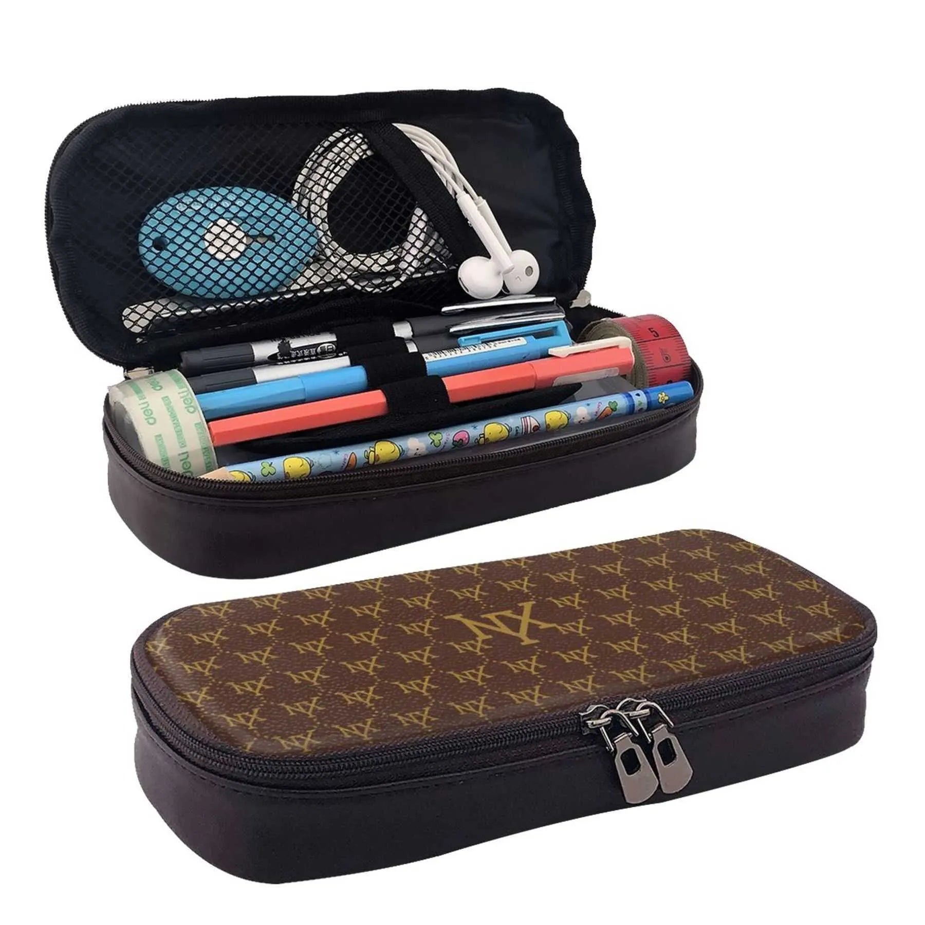 Cosmetic bag in grey color displayed next to travel accessories