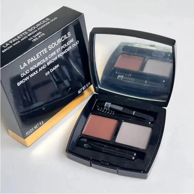 Close-up view of brow wax and powder shades in a compact palette