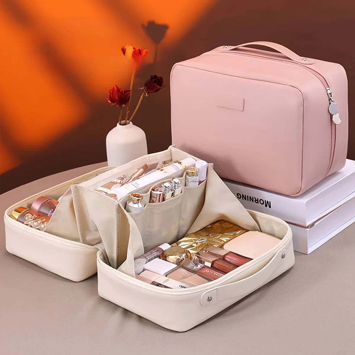 Open cosmetic bag showing interior space for organizing beauty products