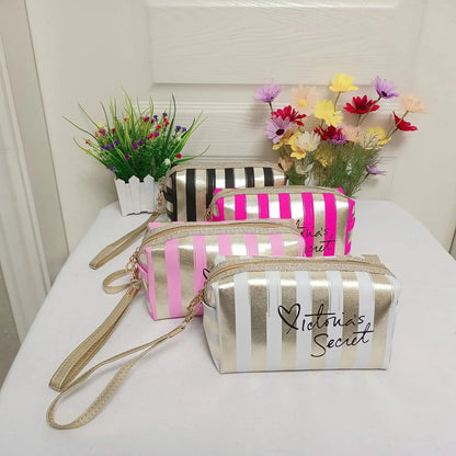 Open view of cosmetic bag interior with compartments for organization