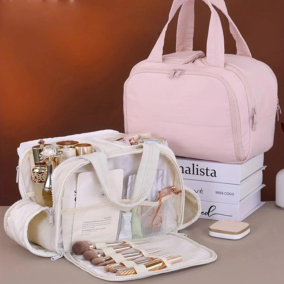 Portable cosmetic storage bag with side zipper closed