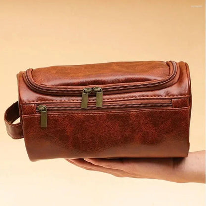 Durable PU leather toiletry bag in black color with hanging hook