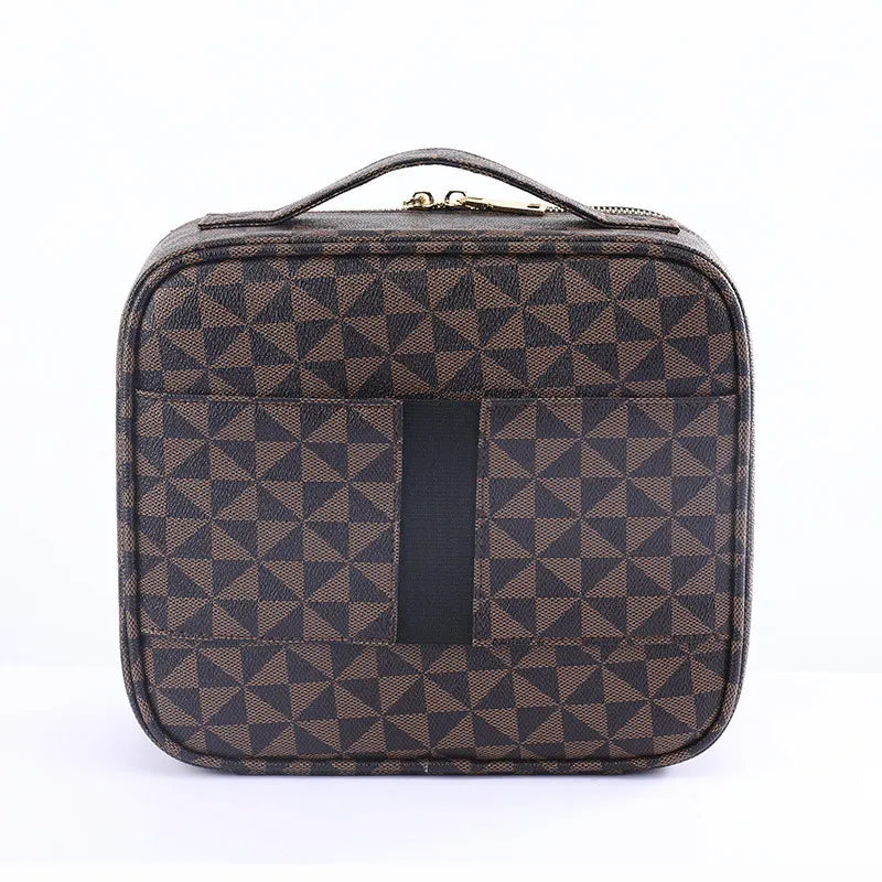 Side profile of the makeup bag with handheld strap visible