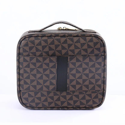 Side profile of the makeup bag with handheld strap visible