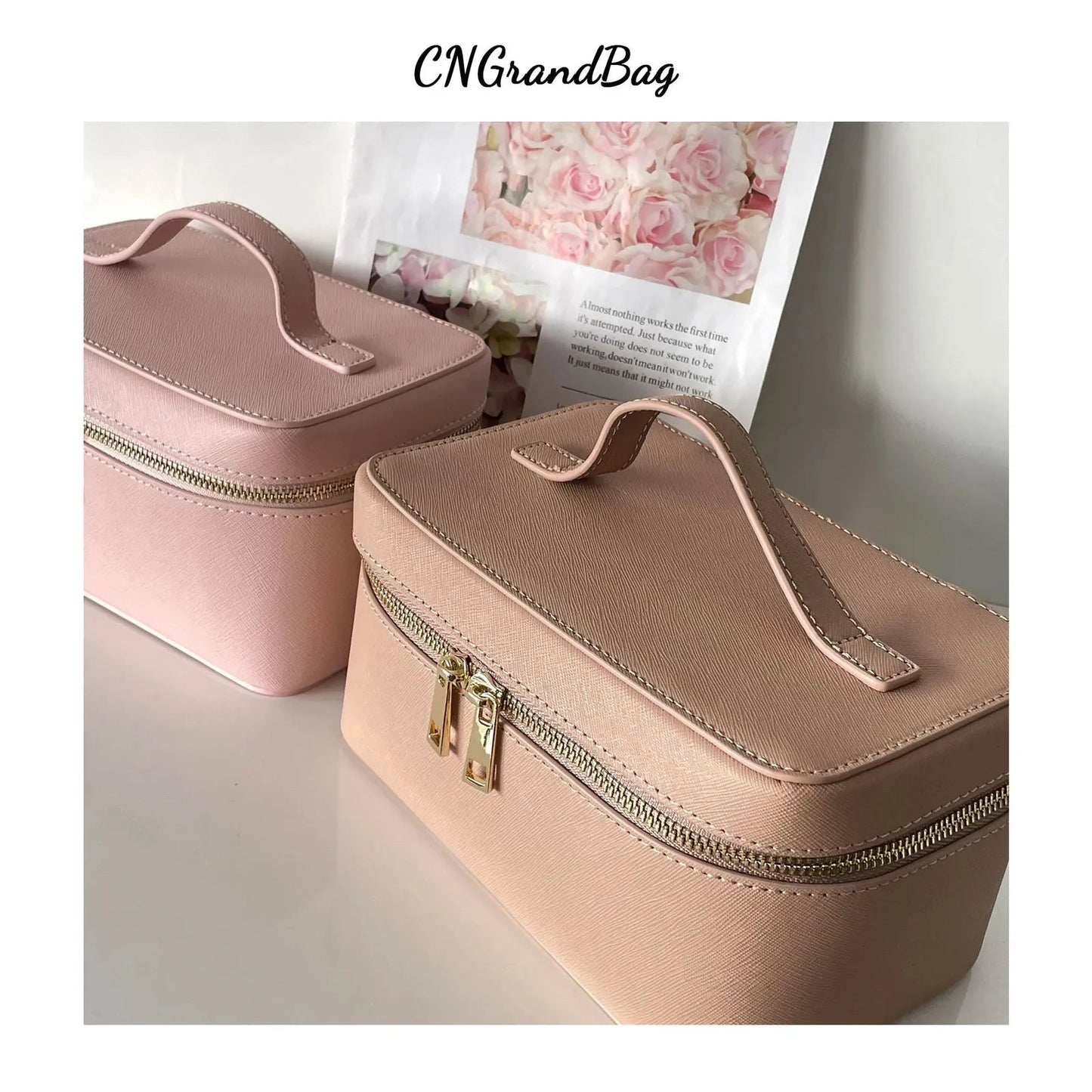 Saffiano split leather hanging toiletry case shown in closed position