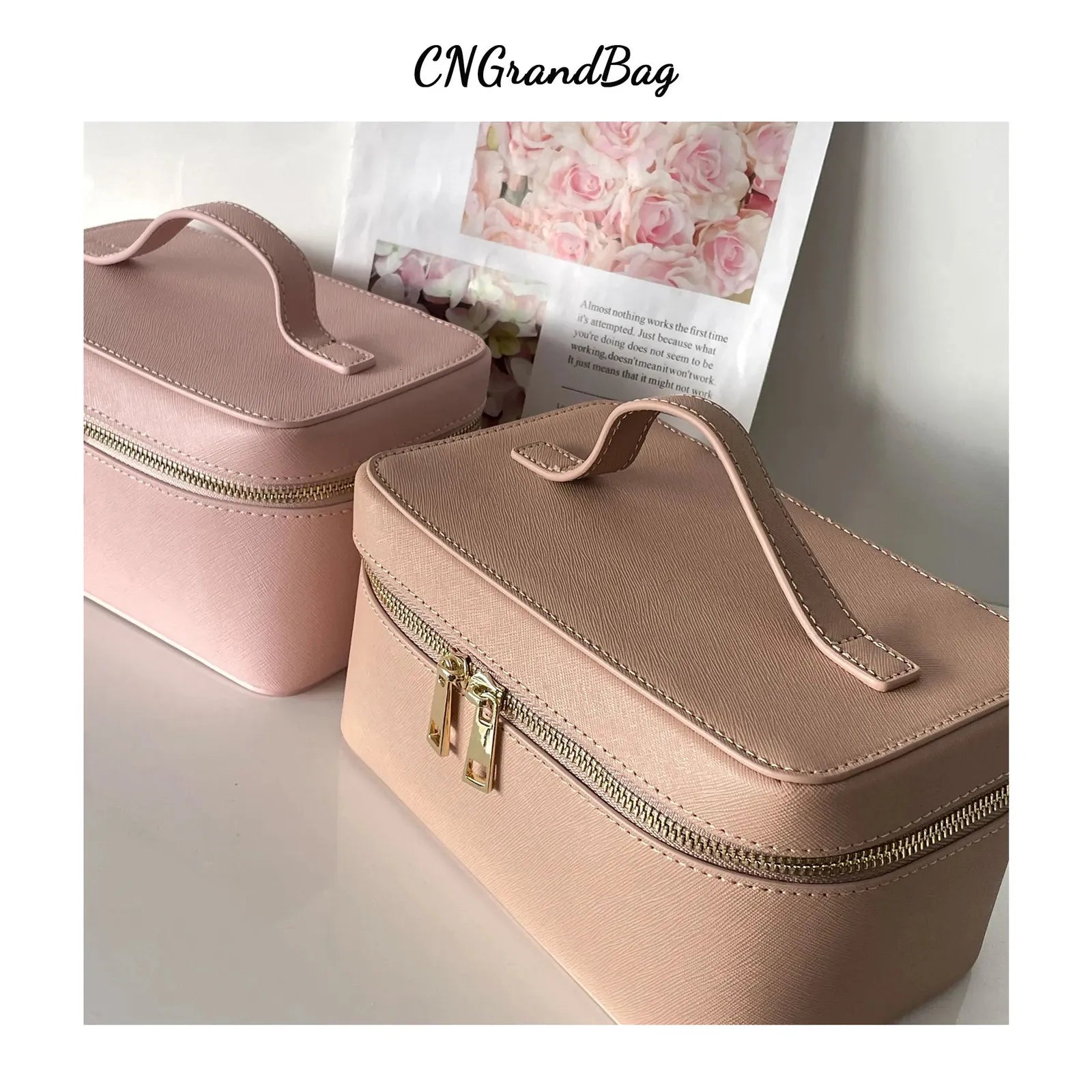 Saffiano split leather hanging toiletry case shown in closed position