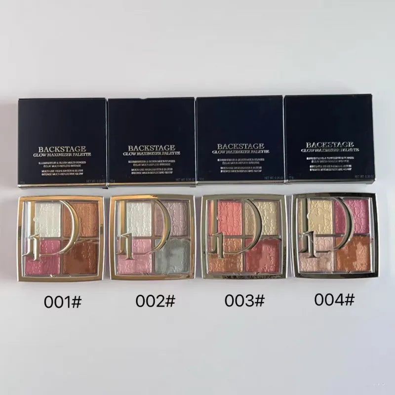 Four-color eyeshadow palette showing embossed design with matte and glitter finishes