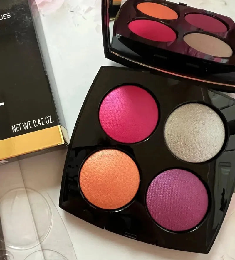 Close-up view of pressed powder pigments in the cosmetic palette