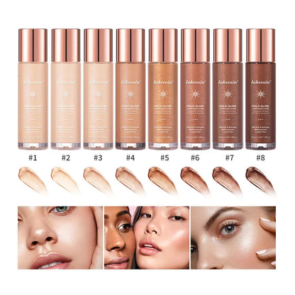 Liquid highlighter makeup with pearlescent finish in clear bottle