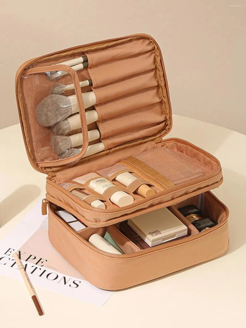 Bag displayed with travel accessories for size and usage context
