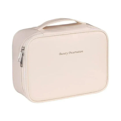 Compact cosmetic tote shown in a neutral color with organized interior compartments