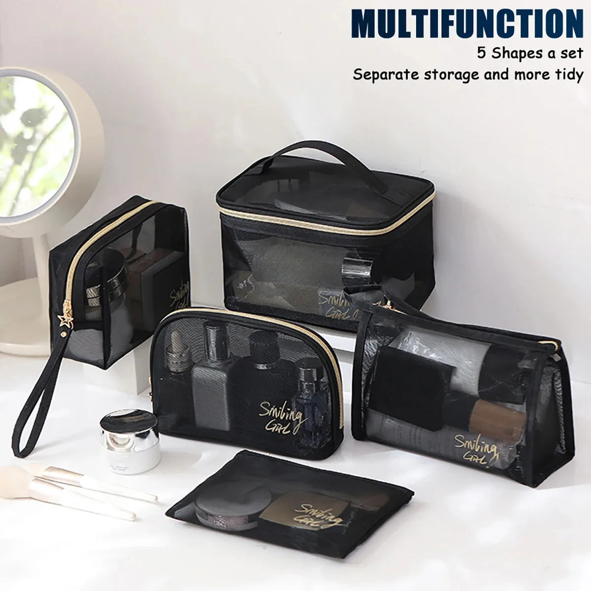 Mesh cosmetic bag set with heart pattern displayed open