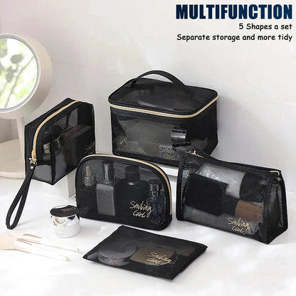 Mesh cosmetic bag set with heart pattern displayed open