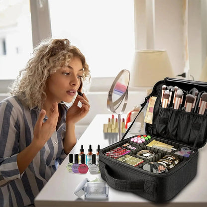 Large travel makeup case with adjustable dividers open to show compartments