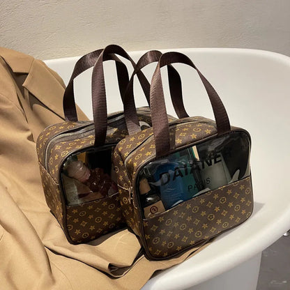 Large capacity cosmetic storage bag with personal care items organized inside