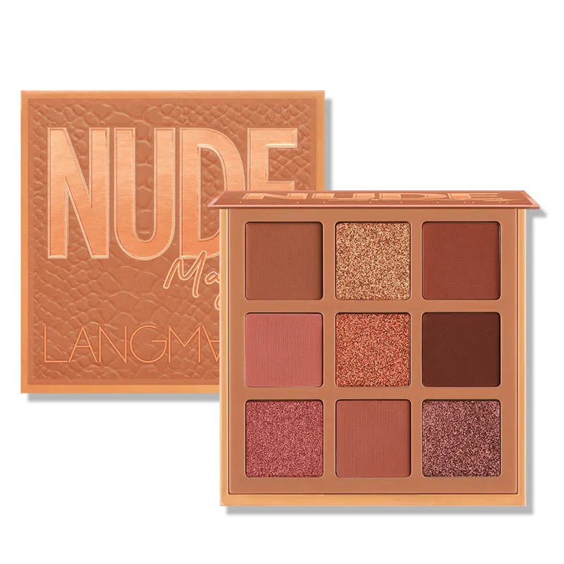 Nine-color eyeshadow palette showing matte and glitter finishes in neutral tones