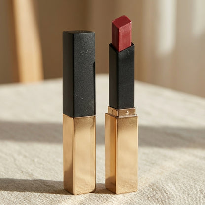 Application du rouge à lèvres mat velours Aube Nacre sur les lèvres