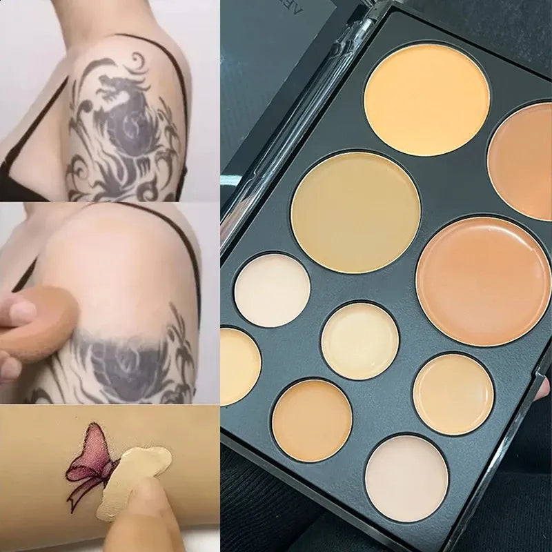 Close-up view of concealer palette with matte finish shades arranged in two rows