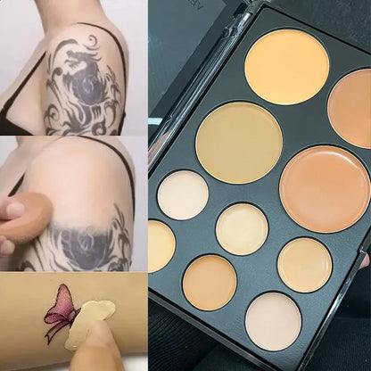 Close-up view of concealer palette with matte finish shades arranged in two rows