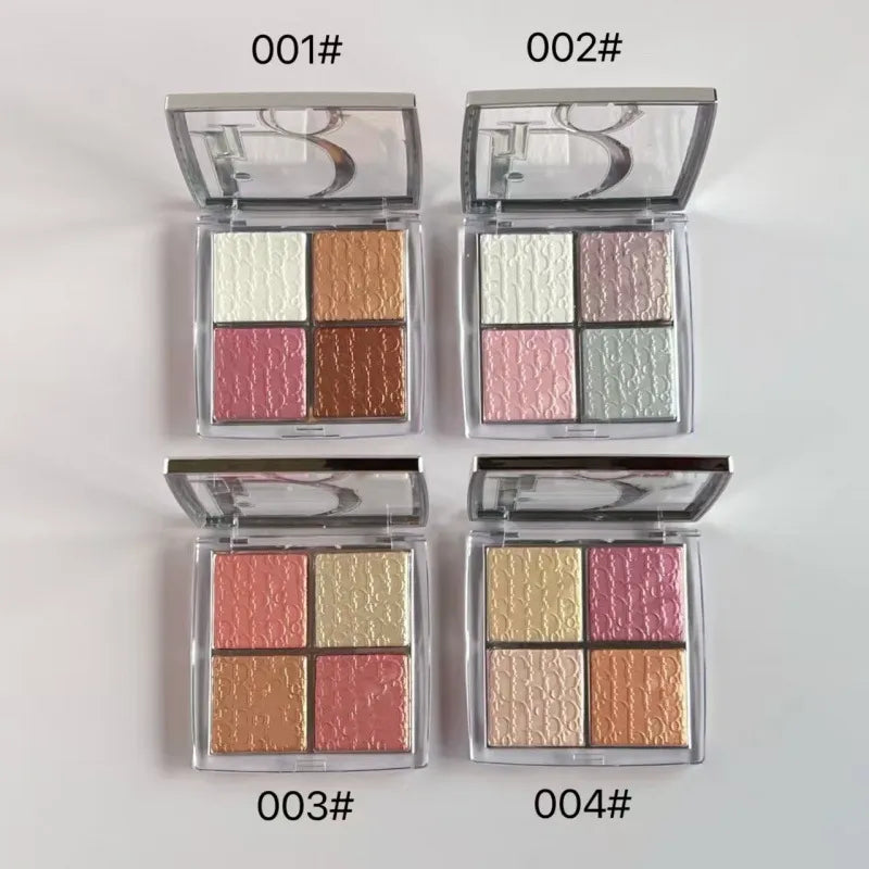 Close-up view of eyeshadow palette showing four coordinated shades for highlighting and contouring