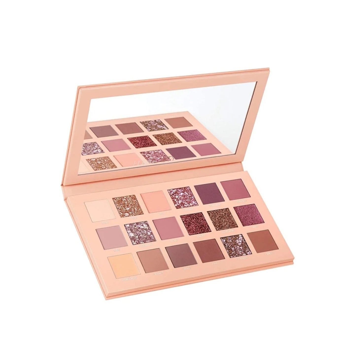 Open 18-color eyeshadow palette showing various shades