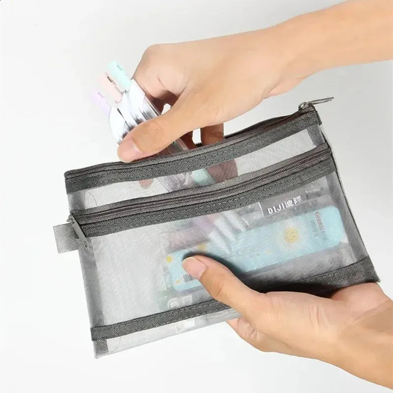 Close-up view of mesh material and zipper closure