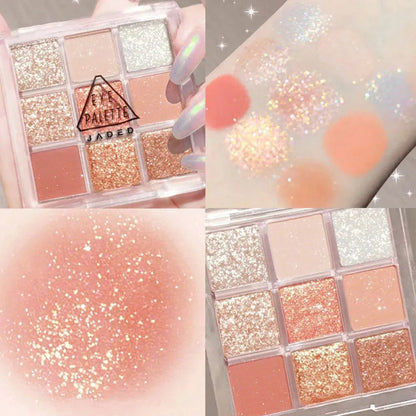 Close-up view of matte and glitter eyeshadow textures in the palette