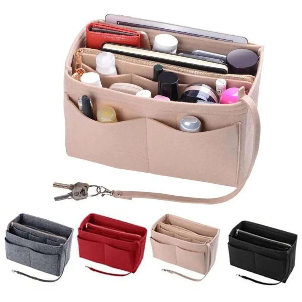 Black felt makeup organizer with multiple compartments