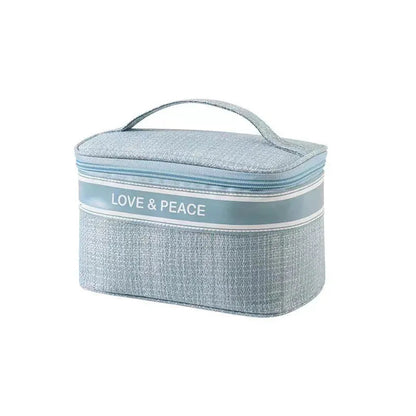 Front view of a multifunction cosmetic organizer with storage box in a neutral color
