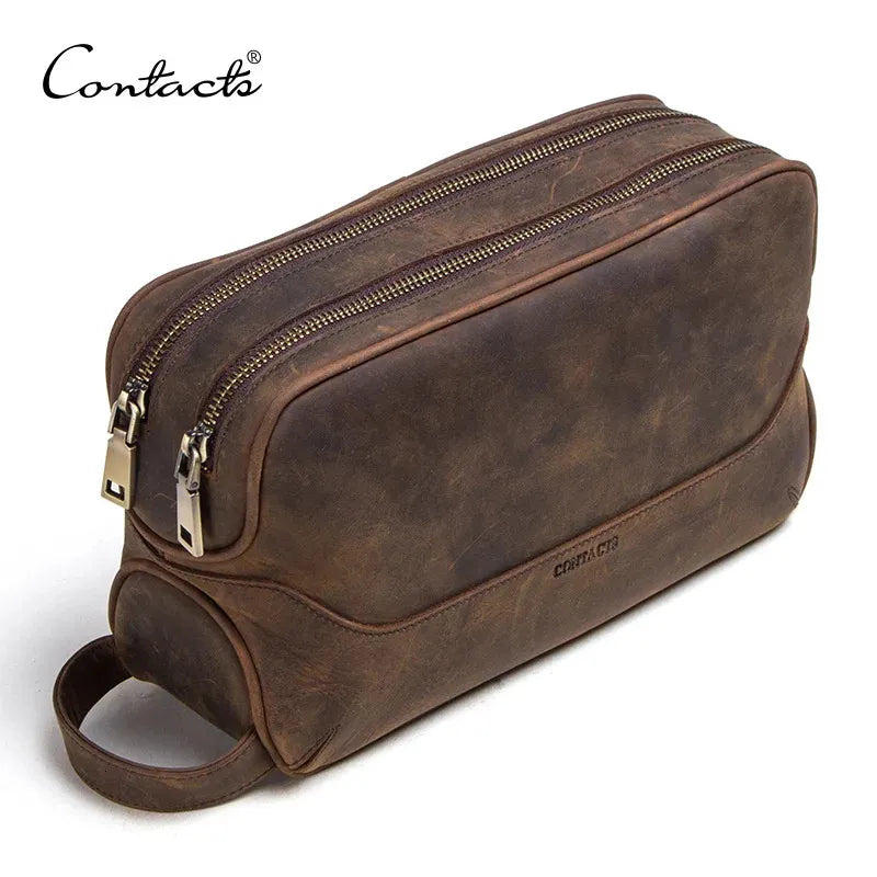 Genuine leather men's toiletry bag in black color with vintage design