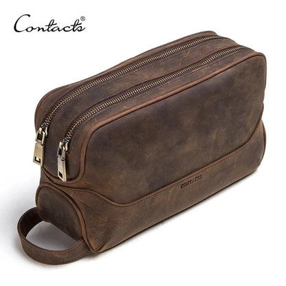Genuine leather men's toiletry bag in black color with vintage design