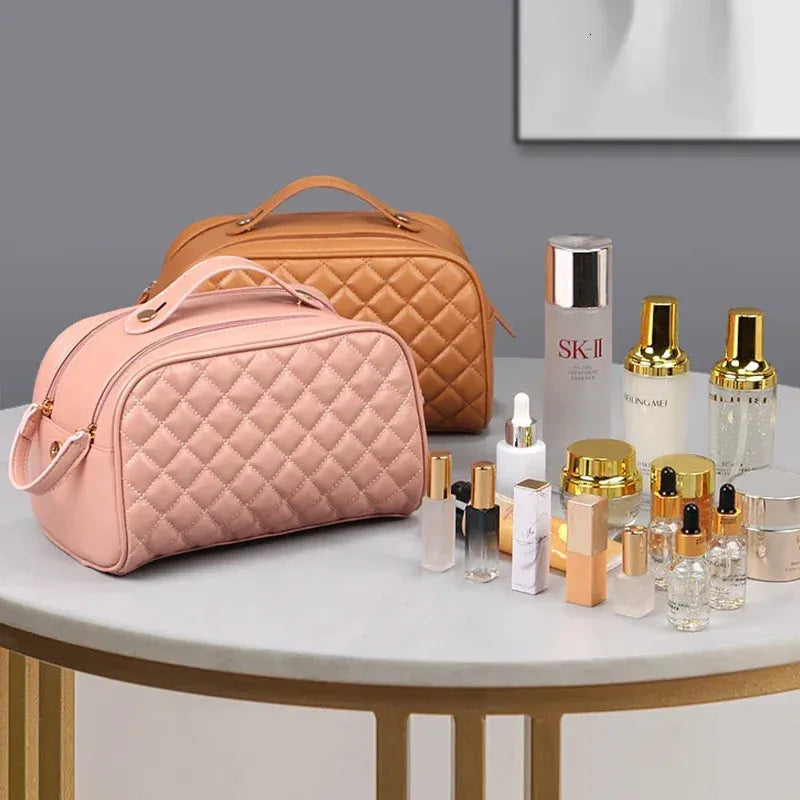 Side profile of the makeup bag highlighting its compact and waterproof design