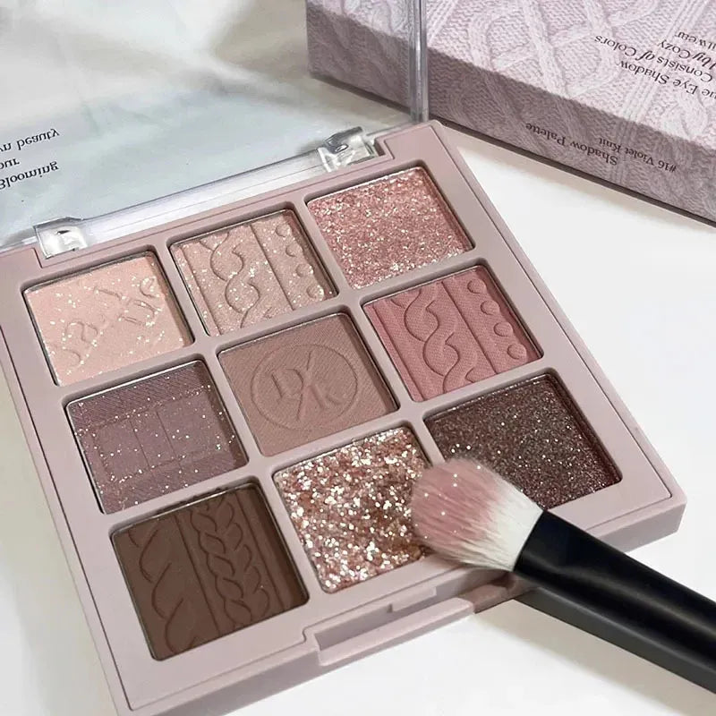 9-color eyeshadow palette showing glitter pearl and nude shades