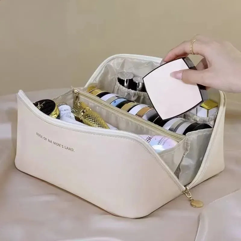 Cosmetic organizer in use with makeup items organized inside