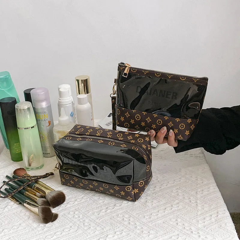 Toiletry bag placed next to cosmetic items for size comparison