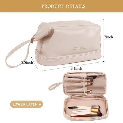 Side perspective of the portable cosmetic tote bag in a neutral color