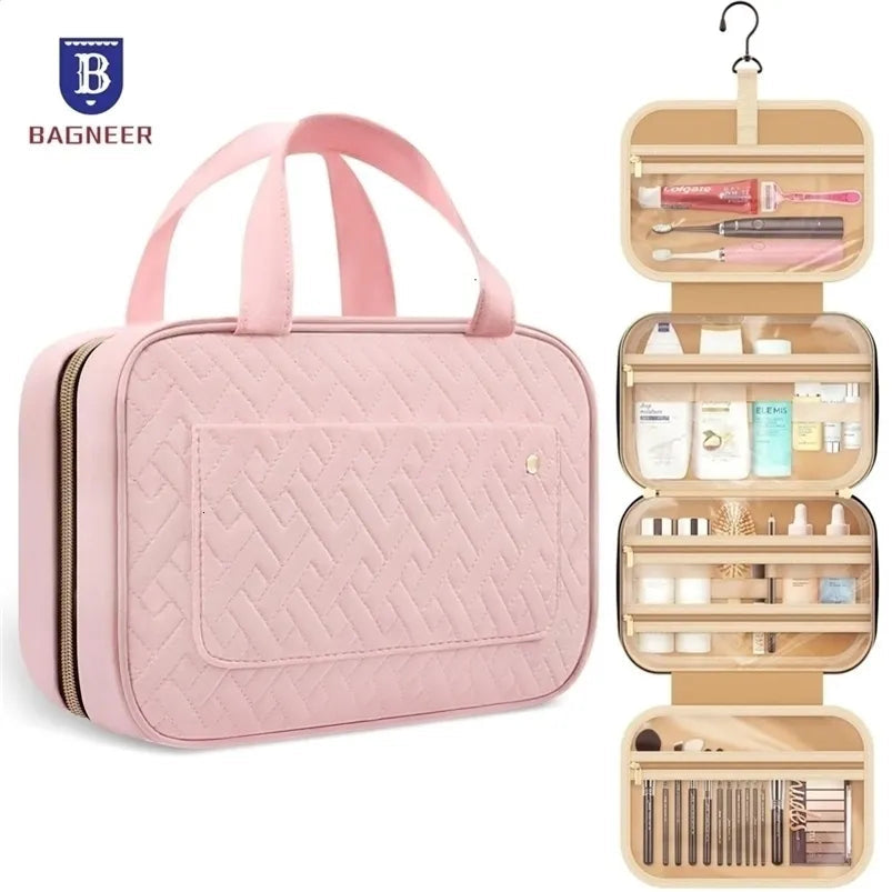 Closed foldable hanging toiletry bag showing compact design