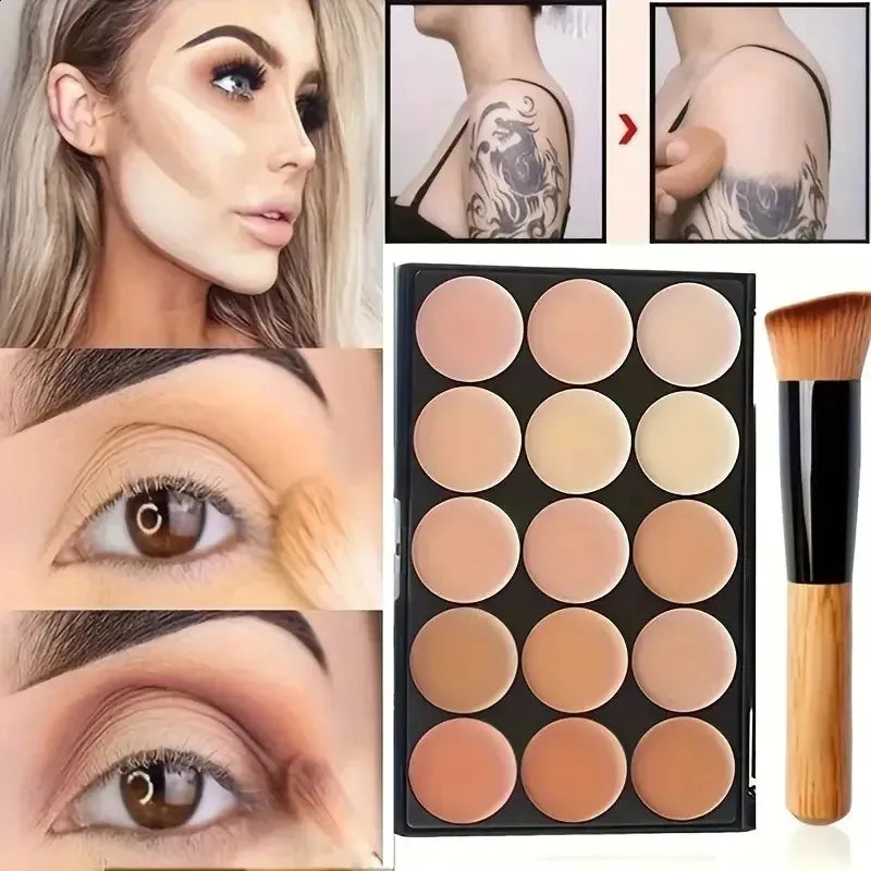 Close-up view of concealer shades with application brush on white background