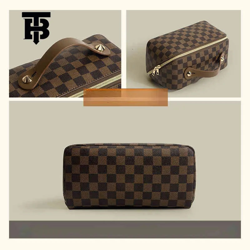 Front view of retro checkered makeup bag showing pattern and handheld strap