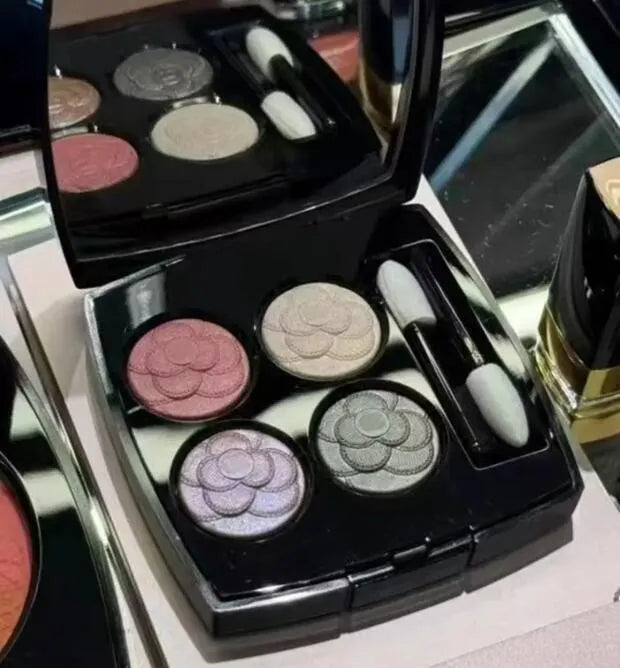 Close-up view of eyeshadow palette with matte and shimmer finishes