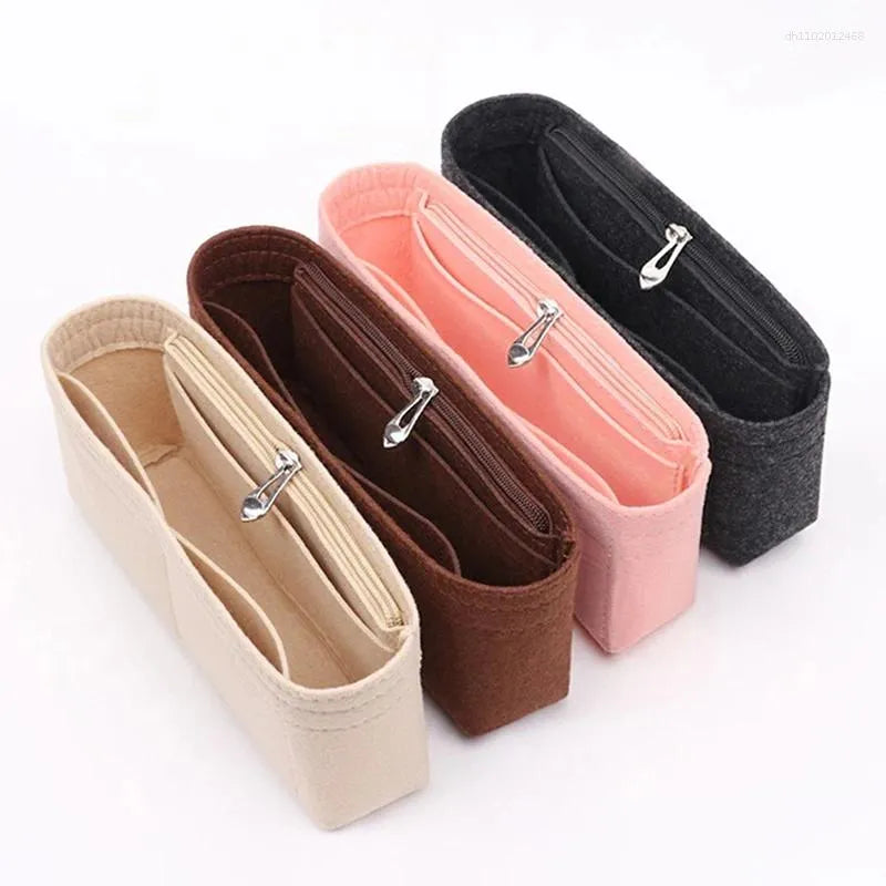 Beige felt bag organizer displayed open to show internal storage pockets