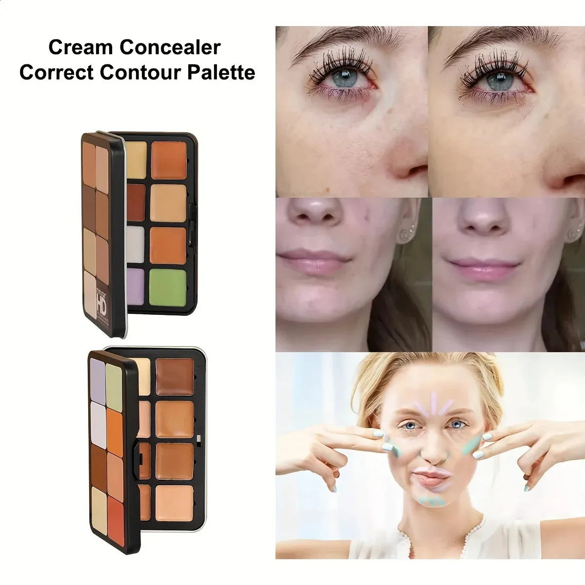 Open makeup palette showing 16 different concealer shades arranged in rows