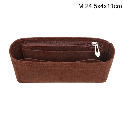 Felt insert bag organizer shown in coffee color with compartments visible