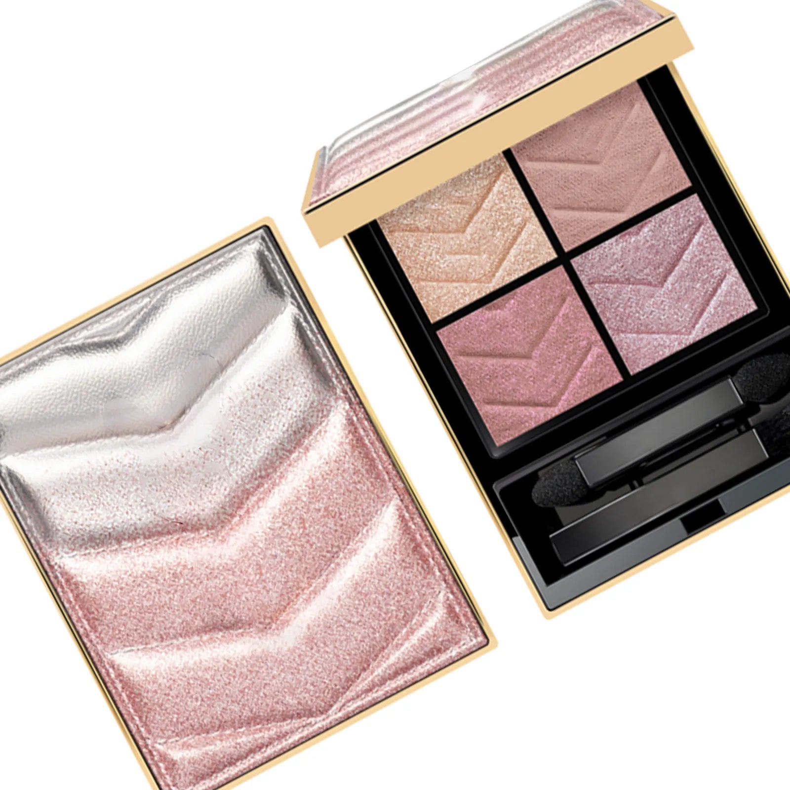 Close-up view of eyeshadow palette displaying four coordinated pink-toned shades