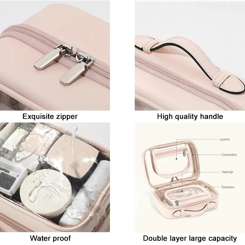Waterproof cosmetic bag with brush storage in light pink color option