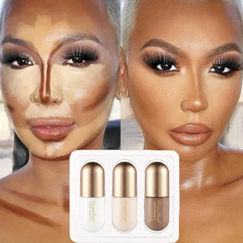 Three makeup products displayed together including a bronzer stick, nose shadow cream, and concealer