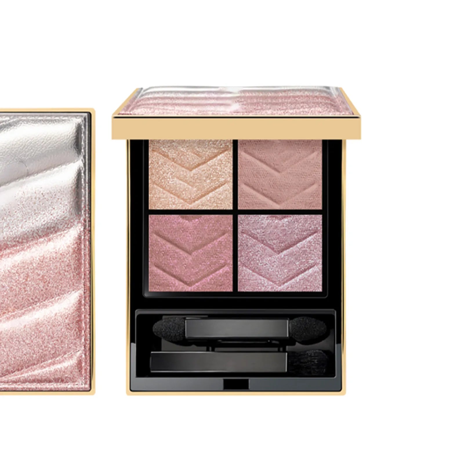 Swatch demonstration showing blendable pigmentation of four eyeshadow colors