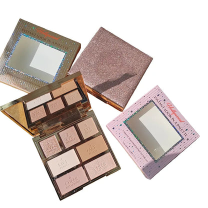 Compact makeup palette with seven cosmetics and a mirror